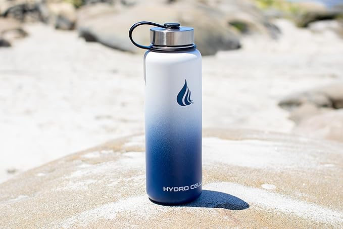 HYDRO CELL Stainless Steel Insulated Water Bottle with Straw - For Cold & Hot Drinks - Metal Vacuum Flask with Screw Cap and Modern Leakproof Sport Thermos for Adults (Navy/White 40oz)