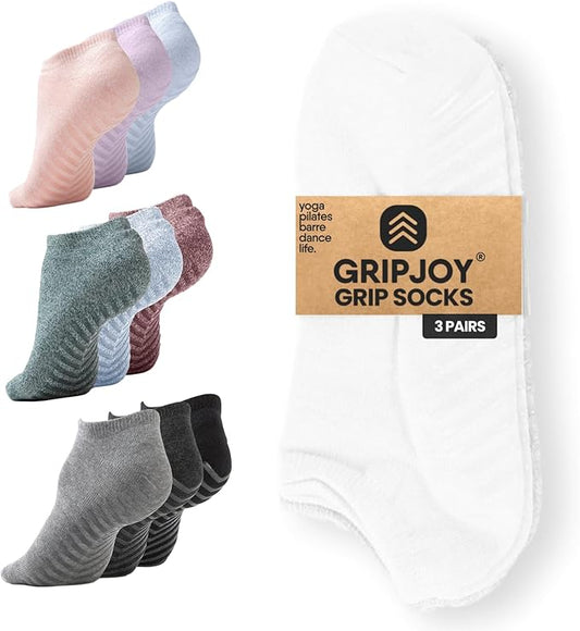 Gripjoy Grip Socks 3-Pack, Non Slip Socks for Yoga, Pilates, Barre, Dance, Enhanced Stability, Machine Washable, Comfortable Cotton Blend, Supports Charitable Causes