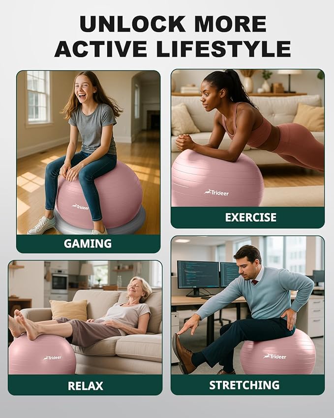 Trideer Exercise Yoga Ball Chair with Base for Home Office Desk, Stability & Fitness Ball Seat to Relieve Back Pain, Home Gym Workout for Abs, Pregnancy Ball with Pump