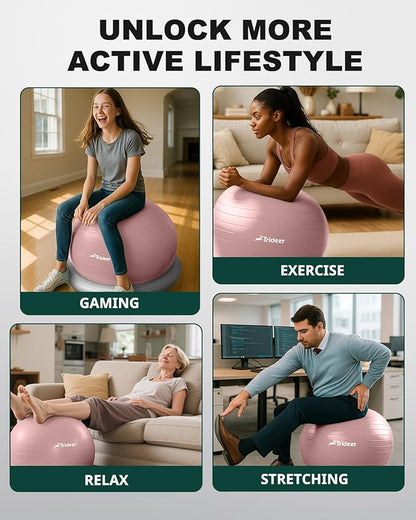 Trideer Exercise Yoga Ball Chair with Base for Home Office Desk, Stability & Fitness Ball Seat to Relieve Back Pain, Home Gym Workout for Abs, Pregnancy Ball with Pump