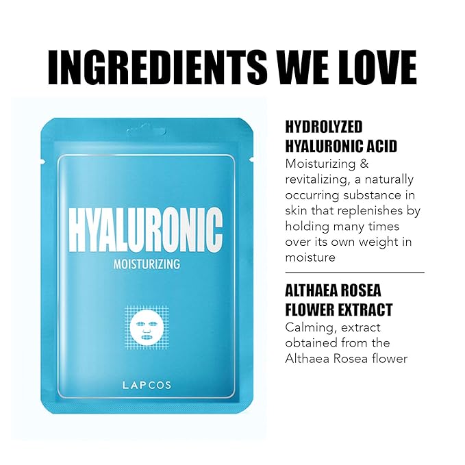 LAPCOS Hyaluronic Acid Sheet Mask, Daily Hydrating Face Mask, Protects & Nourishes Skin, Korean Beauty Favorite, 5-Pack