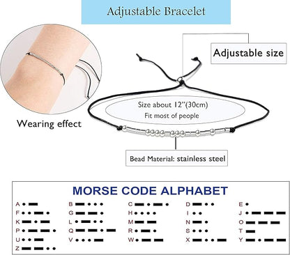 KGBNCIE Morse Code Bracelet for Women Sterling Silver Beads on Silk Cord Secret Message Fuck Friendship Inspirational Encouragement Bracelet Gift for Her