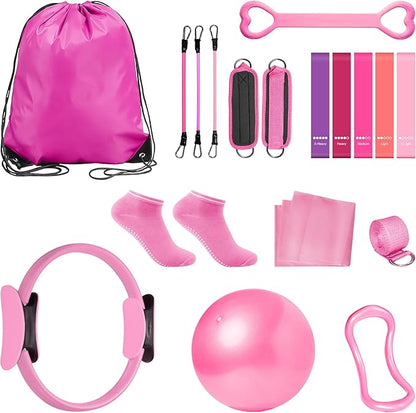 Home Pilates Essentials Kit for Women: 18Pcs Pilates Workout Equipment Set with Pilates Ring, Yoga Ball, Resistance Band, Pilates Fitness Set for Legs Arms, Gym Back Bag, Anti Slip Socks