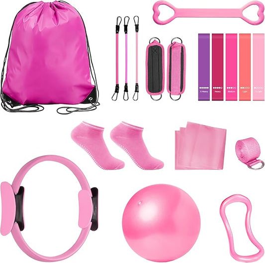 Home Pilates Essentials Kit for Women: 18Pcs Pilates Workout Equipment Set with Pilates Ring, Yoga Ball, Resistance Band, Pilates Fitness Set for Legs Arms, Gym Back Bag, Anti Slip Socks