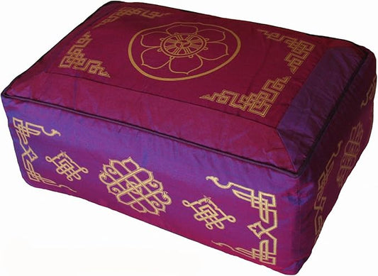 Meditation Cushion - Rectangular Zafu Buckwheat and Kapok Fill Wheel of Dharma Dharma Key Magenta