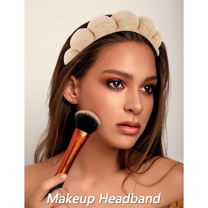 VELSCRUN Spa Headbands for Wash Face, Makeup Headband, Facial Skincare Headbands, 5 Pcs Dark Brown Puffy Sponge Spa Headband Bow Tie Hair Band Hair Clips Wristband Set Women Girls Accessories