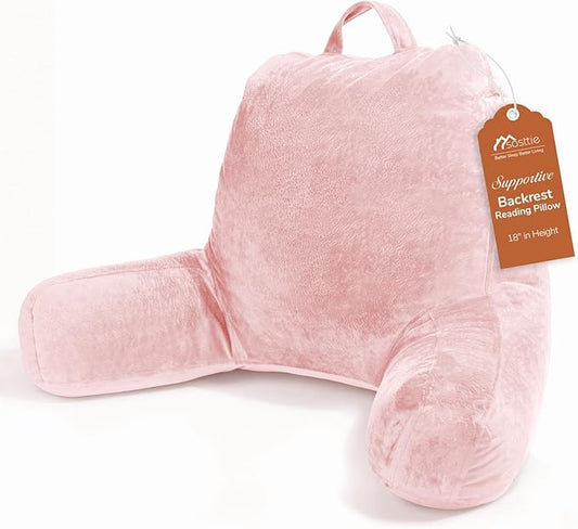 Sasttie Reading Pillow, Velvet Back Pillow for Bed Sitting Up, Adult Back-Rest Support Cushion with Arms for Sit Up on Couch, Sofa, and Floor, Dorm Essentials, Reading Accessories, Pink