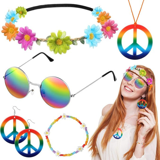 Batiyeer 6 Pcs Hippie Costume Accessories Set, Boho Peace Sign Daisy Flower 60s 70s Party Favors Decor for Groovy Party Women