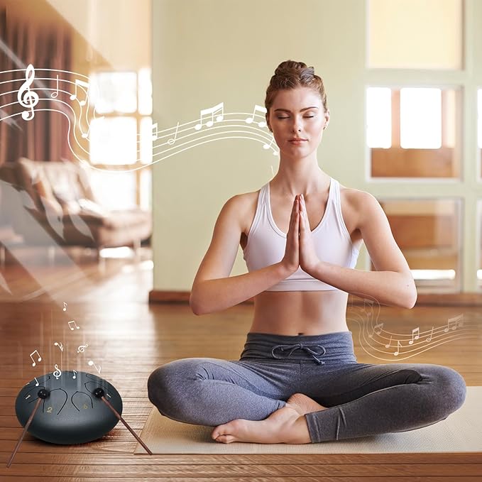Rain Drum for Outside Garden, 6 Inches 8 Notes Steel Tongue Chakra Drums, Waterproof Echo Rain Chime Meditation Drums, Musical Instruments for Adult Gift with Bag, Music Book, Drum Mallets (Navy Blue)