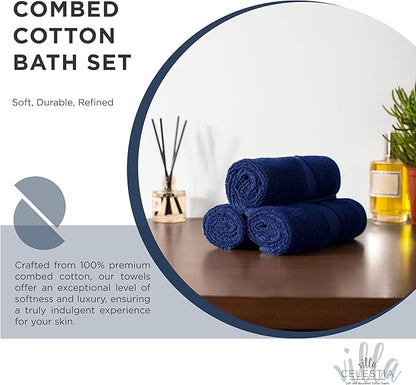 100% Cotton Bath Towel Set of 18-4 Bath Towels, 6 Hand Towels, 8 Wash Cloths, Sustainable, Soft, Highly Absorbent, Combed Cotton 18 Piece Set for Hotels, Spa, Bathroom, Dorm, Navy Blue