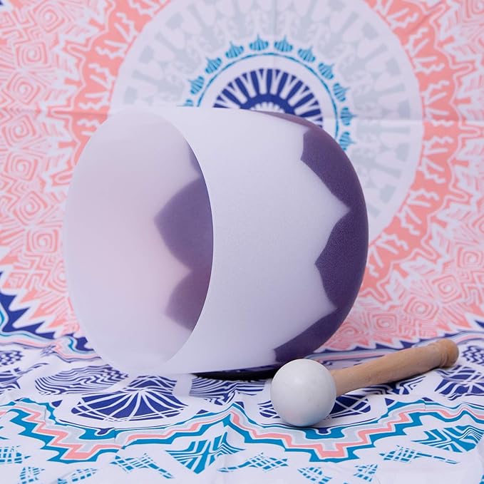 ENERGYSOUND 432Hz A 3rd Eye Chakra Lotus Frosted Quartz Crystal Singing Bowl 7 inch with Lotus Design mallet and o-ring included