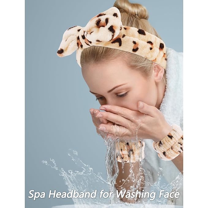 VELSCRUN Spa Headbands for Wash Face, Makeup Headband, Facial Skincare Headbands, 5 Pcs Brown Leopard Puffy Sponge Spa Headband Bow Tie Hair Band Hair Clips Wristband Set Women Girls Accessories