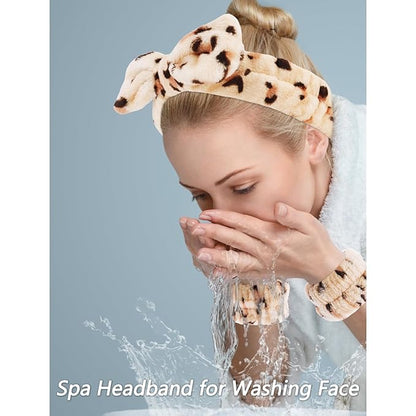 VELSCRUN Spa Headbands for Wash Face, Makeup Headband, Facial Skincare Headbands, 5 Pcs Brown Leopard Puffy Sponge Spa Headband Bow Tie Hair Band Hair Clips Wristband Set Women Girls Accessories