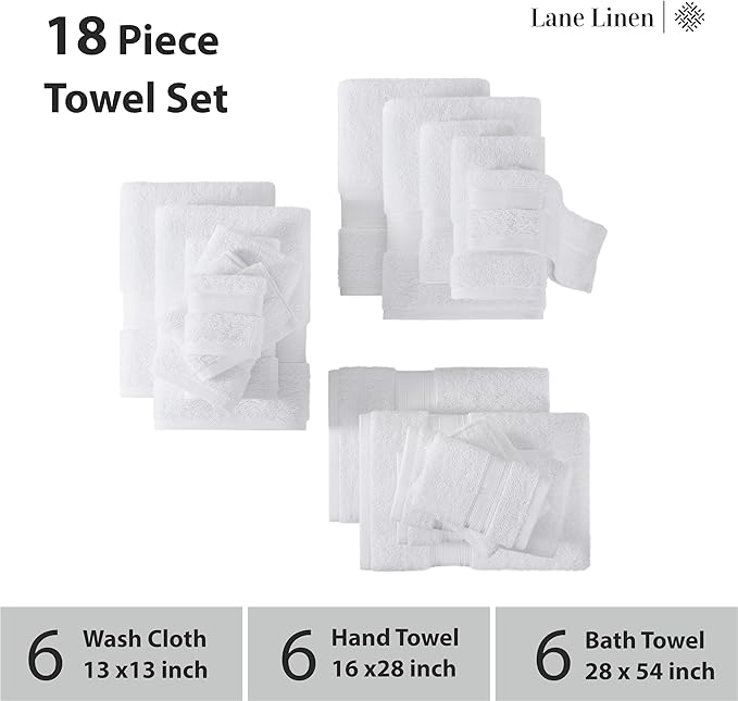 LANE LINEN 100% Mercerized Cotton Luxury Bathroom Towel Set - 18 Pcs - Super Soft, Fluffy & Highly Absorbent - 6 Bath Towels, 6 Washcloths, 6 Hand Towels - Complete Family Pack - White Bath Towel Set