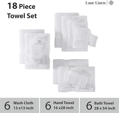 LANE LINEN 100% Mercerized Cotton Luxury Bathroom Towel Set - 18 Pcs - Super Soft, Fluffy & Highly Absorbent - 6 Bath Towels, 6 Washcloths, 6 Hand Towels - Complete Family Pack - White Bath Towel Set