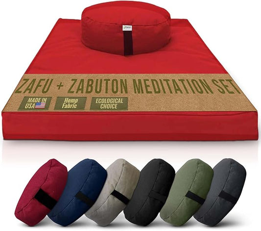 Meditation Cushion Mat Set HEMP- Large Oval Zafu Floor Pillow Organic Buckwheat Pillow + Cotton Filled HEMP Zabuton Prayer Pad - Meditation Pillow Yoga Knee Pad, Made in USA - 18" Oval, CRANBERRY Hemp