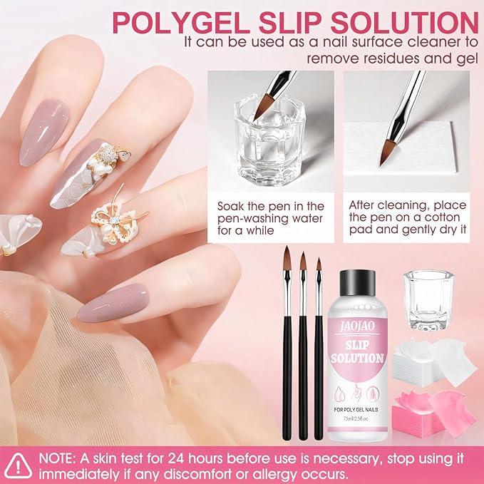 JAOJAO Slip Solution, Gel Nail Cleanser Nail Slip Solution with Brushes Crystal Cup Nailclippers and Cleaning Pads Effective Removal Versatile Cleaning Liquid for Home DIY Manicure,75ml