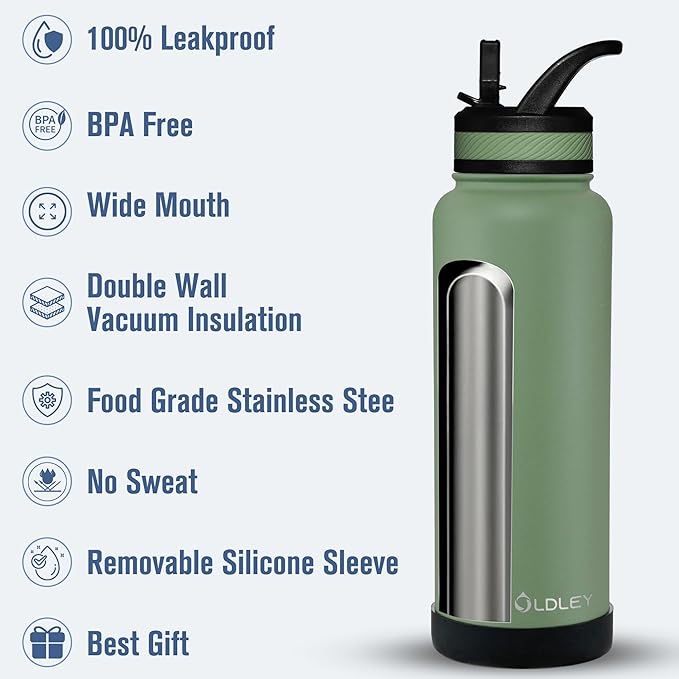 OLDLEY 40 oz Insulated Water Bottle With Straw, Stainless Steel Sports Water Cup Flask with 3 Lids(Straw, Spout and Handle Lid) Double Walled Travel Thermal Canteen Mug,Army Green