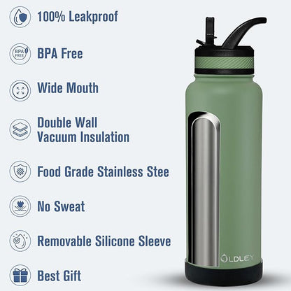OLDLEY 40 oz Insulated Water Bottle With Straw, Stainless Steel Sports Water Cup Flask with 3 Lids(Straw, Spout and Handle Lid) Double Walled Travel Thermal Canteen Mug,Army Green
