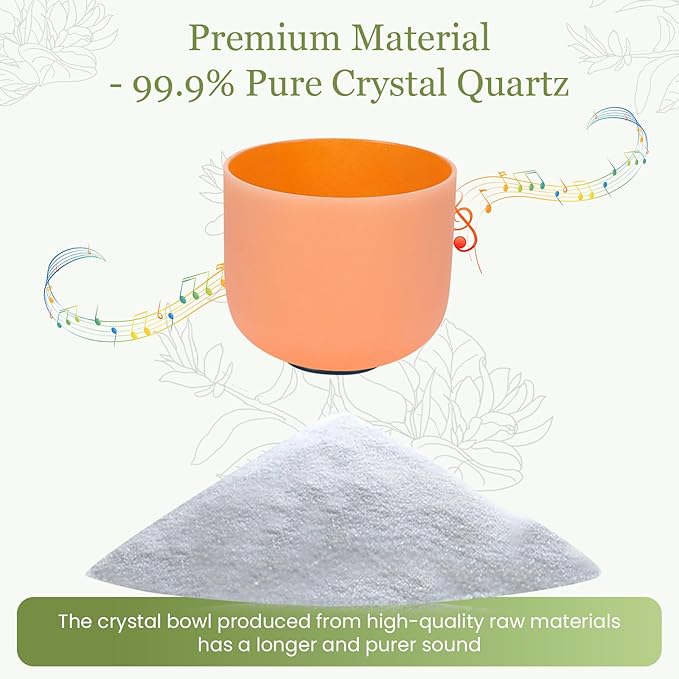 432HZ 8 Inchs D Note Orange Frosted Crystal Singing Bowl for Meditation Healing Yoga Chakra Quartz Crystal Sound Bowls with Heavy Duty Carry Case and Rubber Mallet,Suede Striker,O-rings