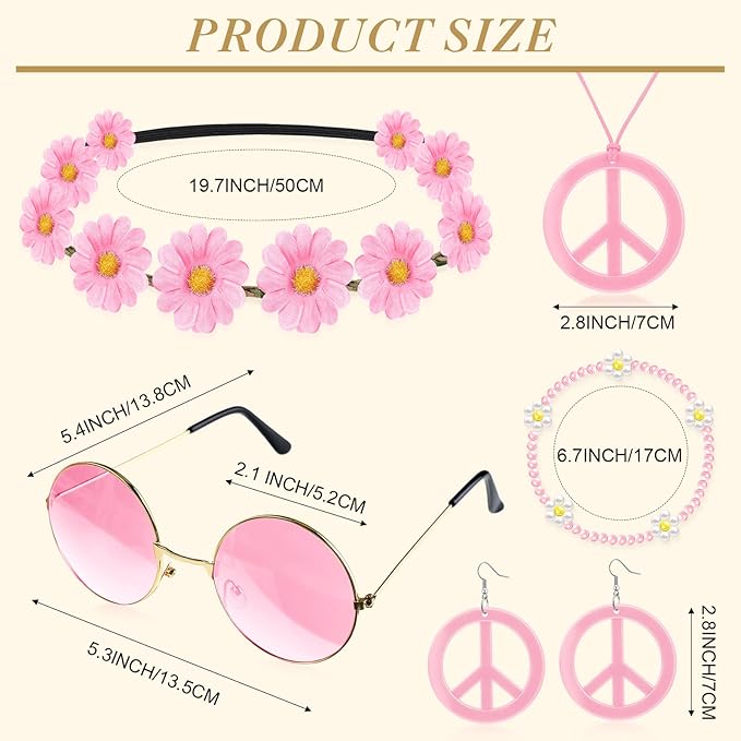 Batiyeer 6 Pcs Hippie Costume Accessories Set, Boho Peace Sign Daisy Flower 60s 70s Party Favors Decor for Groovy Party Women