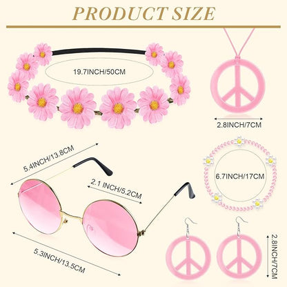 Batiyeer 6 Pcs Hippie Costume Accessories Set, Boho Peace Sign Daisy Flower 60s 70s Party Favors Decor for Groovy Party Women