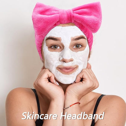 VELSCRUN Spa Headbands for Wash Face, Makeup Headband, Facial Skincare Headbands, 5 Pcs Hot Pink Puffy Sponge Spa Headband Bow Tie Hair Band Hair Clips Wristband Set Women Girls Accessories