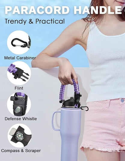 32 OZ Insulated Water Bottle Tumbler - with Straw & Spout Lid, Paracord Handle, Stap Carrying Case, Cold-48H & Hot-24H, Stainless Steel Tumblers with Handle, Slim Water Bottle that Fits in Cup Holder