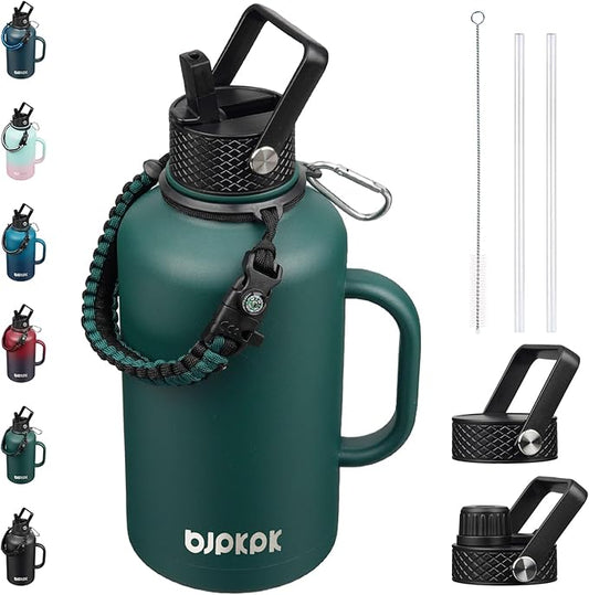 BJPKPK Half Gallon Insulated Water Bottles with Straw Lid & Side Handle, 50oz, 64oz, 87oz, 128oz Large, Stainless Steel Water Bottles with 3 Lids and Paracord Strap, Metal Water Jug,Army Green