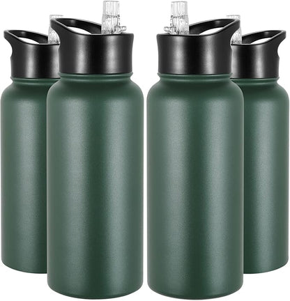 32 oz Insulated Water Bottle Bulk 4 Pack, Stainless Steel Sports Water Bottles with Straw Lid & Wide Mouth Lids, Double Walled Vacuum, Leak Proof, Dark Green