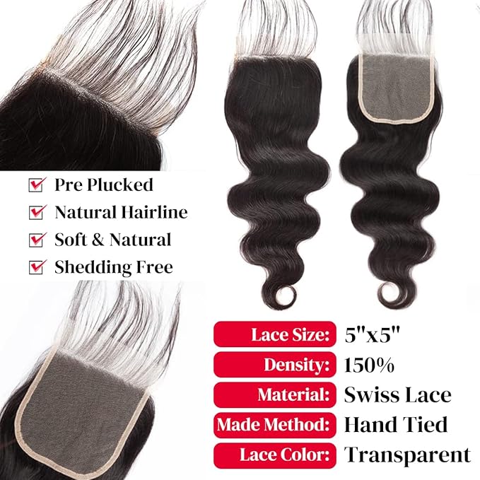 12A Body Wave 4 Bundles With 5x5 Closure (16 18 20 22 +14 Inch) Body Wave Bundles with Closure Human Hair 100% Unprocessed Brazilian Virgin Quick Weave Bundles Human Hair Natural Black