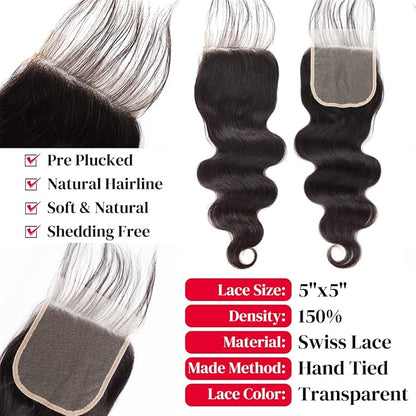 12A Body Wave 4 Bundles With 5x5 Closure (16 18 20 22 +14 Inch) Body Wave Bundles with Closure Human Hair 100% Unprocessed Brazilian Virgin Quick Weave Bundles Human Hair Natural Black