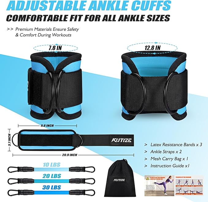 Ankle Resistance Bands with Cuffs for Women & Men - 3-Level Adjustable Leg & Glute Workout Equipment, Portable Home Gym Exercise Bands for Kickbacks, Hip Thrusts, Yoga, Strength Training