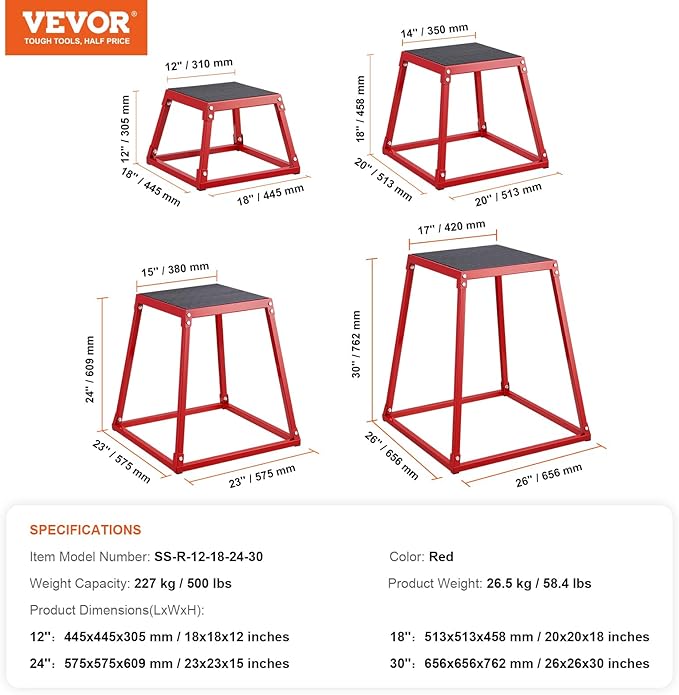 VEVOR Plyometric Jump Box, 18 Inch Plyo Box, Steel Plyometric Platform and Jumping Agility Box, Anti-Slip Fitness Exercise Step Up Box for Home Gym Training, Conditioning Strength Training