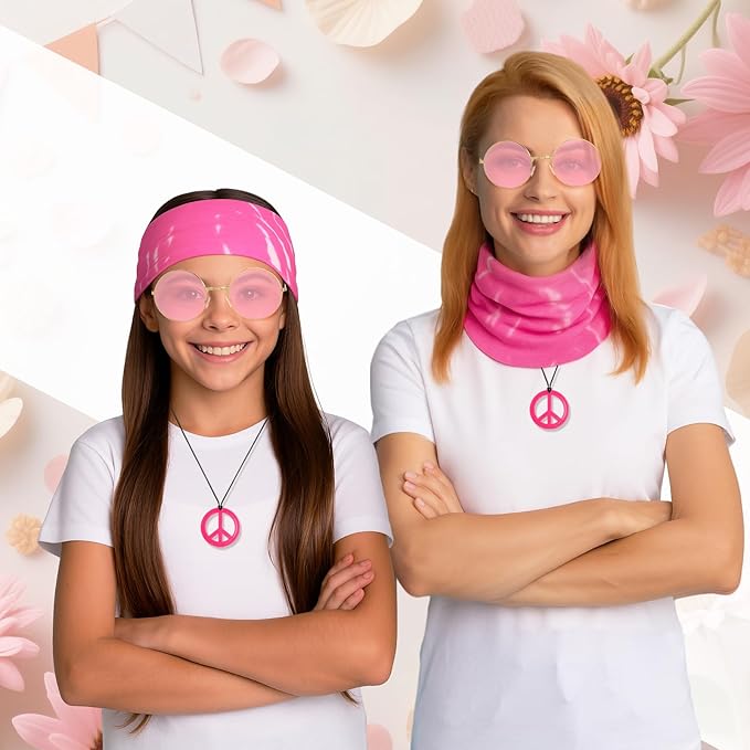 Norme 3 Pcs Hippie Costume Accessories 70s Peace Sign Necklace Tie Dye Hippie Headband Sunglasses Halloween Party Decor