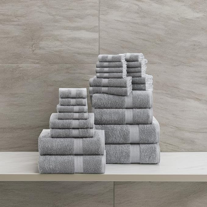 LANE LINEN Cotton Bath Towel Set - 24 Pcs - Highly Absorbent, Quick Dry & Ultra Soft - 2 Bath Sheets, 4 Bath, 6 Hand Towels, 8 Washcloths, 4 Fingertip - Oeko Tex Certified - Space Grey