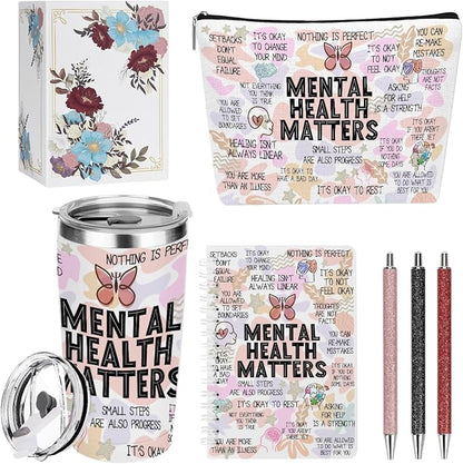 Mental Health Gifts Positive Affirmations Mental Health Awareness Inspirational Gifts for Women Mom Friend Birthday Friendship Christmas, Office 6PCS 20oz Tumbler Makeup Bag Ballpoint Pen Notebook