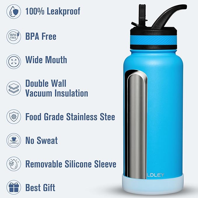 OLDLEY 32 oz Insulated Water Bottle With Straw, Stainless Steel Sports Water Cup Flask with 3 Lids(Straw, Spout and Handle Lid) Double Walled Travel Thermal Canteen Mug,Sky Blue