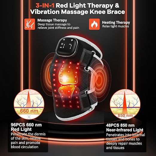 AFFLAT Red Light Therapy and Vibration Massage Knee Brace for Pain Relief, 660nm & 850nm Near Infrared Light, Rechargeable Wireless Controller, for Knee/Shoulder/Joint/Elbow Light Therapy