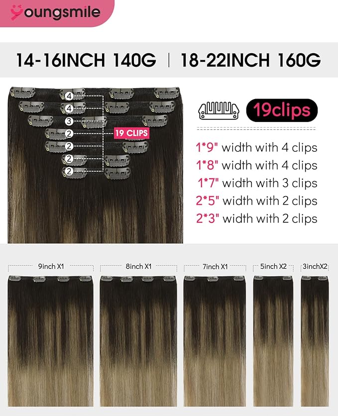 Youngsmile Clip in Hair Extensions Human Hair, Real Human Hair Extensions Clip in, Color 2 Darkest Brown Fading to 6 Chestnut Brown And 18 Ash Blonde,20 Inch 160 Gram 7 Pcs (7C#2/6/18-20Inch)