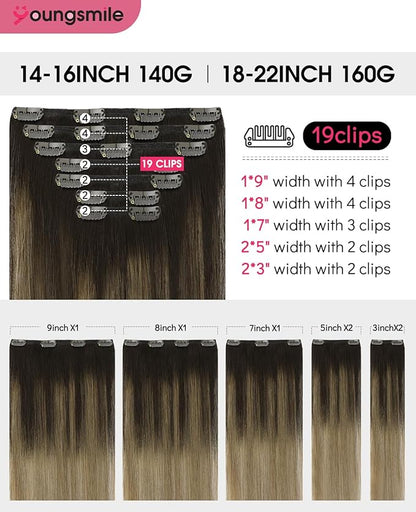 Youngsmile Clip in Hair Extensions Human Hair, Real Human Hair Extensions Clip in, Color 2 Darkest Brown Fading to 6 Chestnut Brown And 18 Ash Blonde,20 Inch 160 Gram 7 Pcs (7C#2/6/18-20Inch)