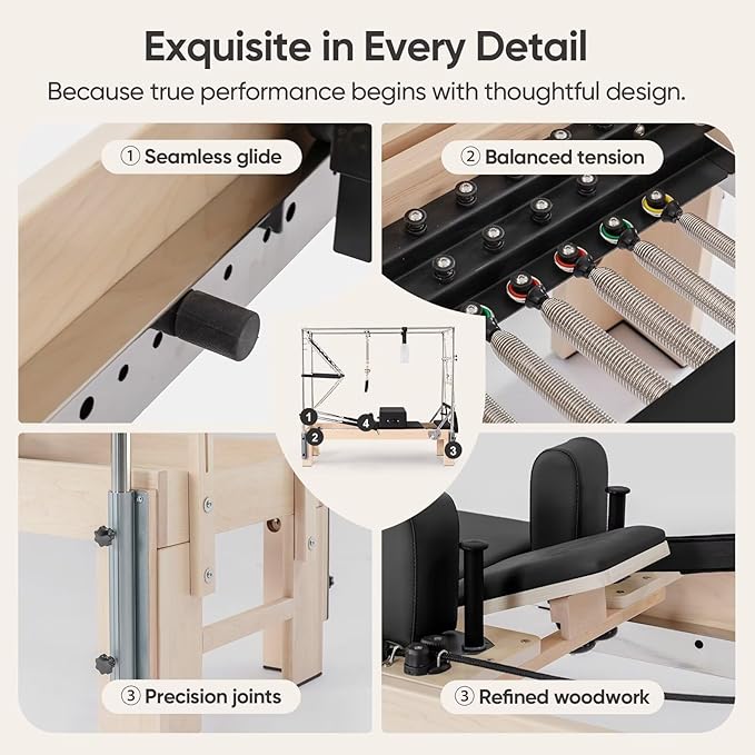Pilates Reformer, Reformer Pilates Machine – Deluxe Version with Premium Maple Frame, Upgraded Spring System, Comfort Padding & Studio-Quality Glide – Pilates Reformer Set for Home & Studio