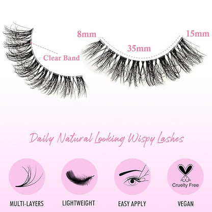 Lashes False Wispy Eyelashes Natural Cat Eye Lash Strips 10 Pairs Fake Mink Eyelash Pack 8-15mm Natural Look Fluffy Strip Lashes Clear Band Easy Eyelashes for Beginners with Cluster Looking