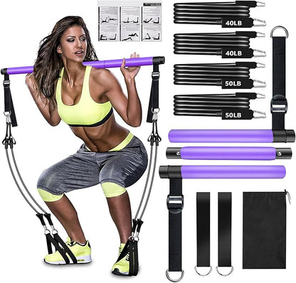 Pilates Bar Kit with Resistance Bands,Pilates Bar with Stackable Bands Workout Equipment for Legs,Hip,Waist and Arm,Exercise Fitness Equipment for Women & Men Home Gym Yoga Pilates