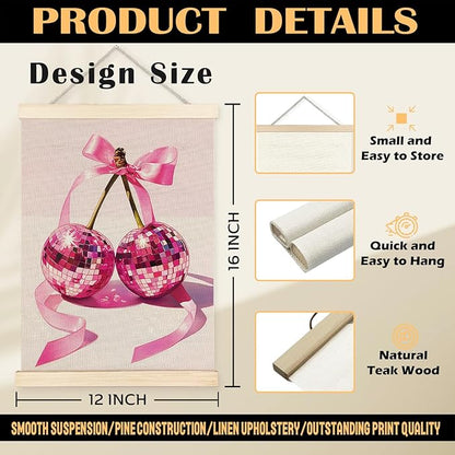 Funky Y2K Pink Ribbon Cherry Disco Ball Wall Art, Disco Ball Room Decor, Y2K Room Decor, Preppy Room Decor, Trendy Retro Aesthetic Canvas Wall Art Poster Hanger Frame, 12x16 Inches