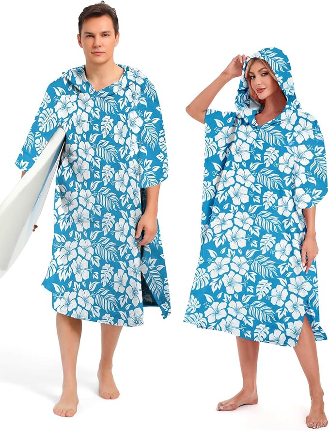 Abahub Surf Poncho Men & Women Towel Poncho Adult with Hood, Thick Quick Dry Changing Poncho Towel, Microfiber Wearable Cover Up for Surfing Beach Swim - Absorbent Changing Towel L (Blue Flower)