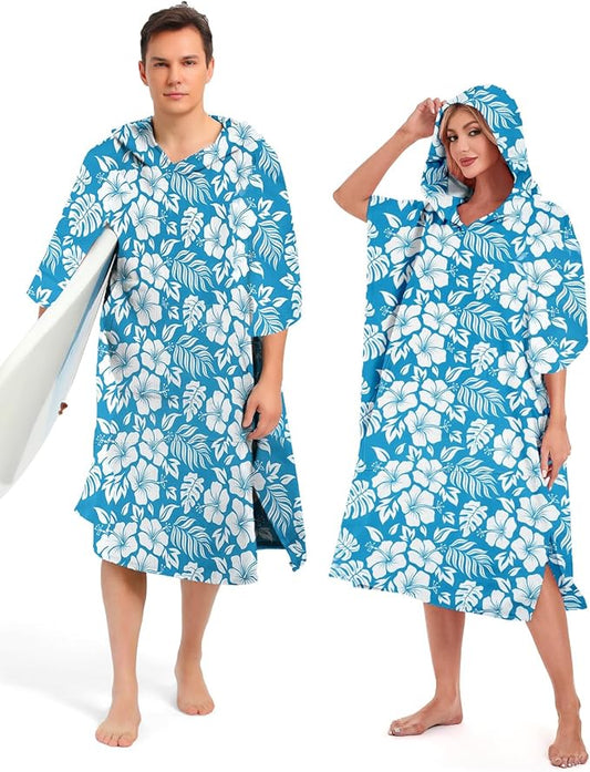 Abahub Surf Poncho Men & Women Towel Poncho Adult with Hood, Thick Quick Dry Changing Poncho Towel, Microfiber Wearable Cover Up for Surfing Beach Swim - Absorbent Changing Towel L (Blue Flower)