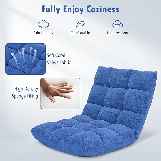 Moccha 14-Position Floor Sofa, Folding Sofa Chair with Back Support, Memory Foam Floor Gaming Chairs for Adults, Adjustable Padded Couch Recliner, Chaise Lounge for Reading, Meditating (Blue)