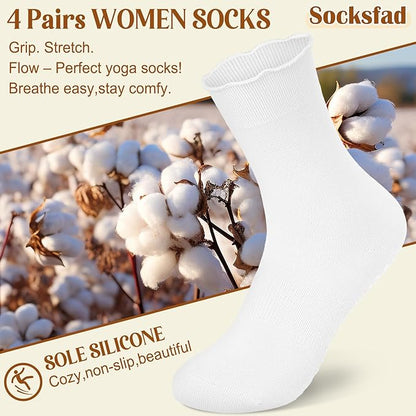 4 Pairs Pilates Socks with Grips for Women Yoga Ruffle Cute Grip Socks Pilates Non Slip Crew Ballet Hospital Workout