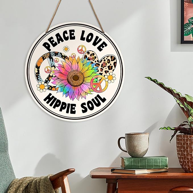 Hippie Peace Sign Wall Decor, Hippie Peace Sign for Front Door Home Living Room Bedroom, Peace and Love Sign, Boho Hippie Peace Round Wood Hanging Signs Decorations, Hipple Soul Sign